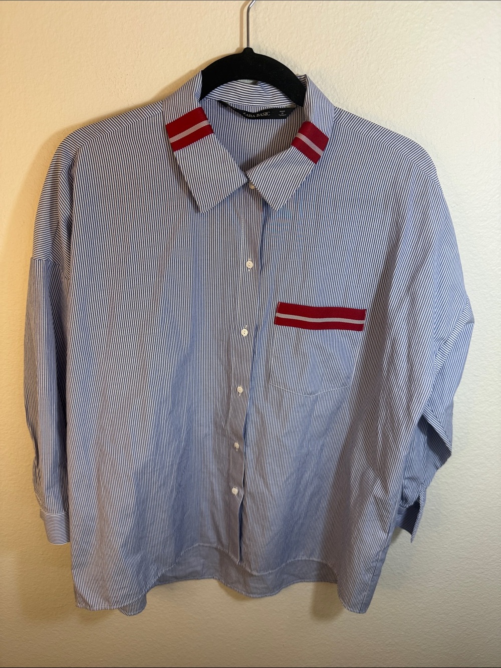 ZARA Oversized Blue Pinstripe Button-Up Shirt with Red Accent